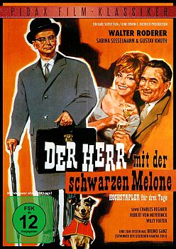 "Der Herr mit der schwarzen Melone": Abbildung DVD-Cover mit freundlicher Genehmigung von Pidax-Film, welche die Kriminalkomödie im Juli 2014 auf DVD herausbrachte.