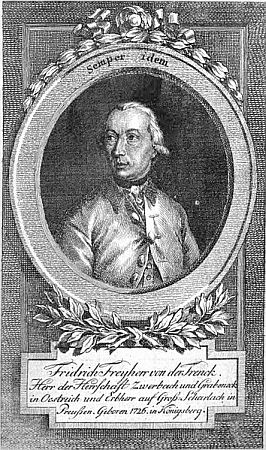 Portrt Friedrich von der Trenck; Aus: Des Freyherrn Friedrichs von der Trenck merkwrdige Lebensgeschichte (Erster Theil. Georg Emanuel Beer, Leipzig1787); Urheber: Unbekannt; Quelle: Wikimedia Commons