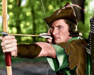 "Die Abenteuer des Robin Hood": Szenenfoto mit Errol Flynn als Robin Hood; mit freundlicher Genehmigung von "Pidax Film", welche das Abenteuer am 30.04.2021 auf DVD herausbrachte.