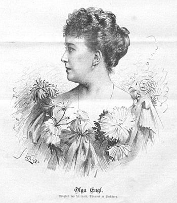 Olga Engl in der Wiener Zeitschrift "Der Humorist" (10.11.1893, 13. Jahrg., Nr. 32); Quelle: Wikimedia Commons; Urheber: Jan Vilímek1) (1860–1938); digitalisiert von der Österreichischen Nationalbibliothek