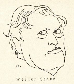 Portrait des Werner Krauß von Hans Rewald (1886 – 1944), veröffentlicht in "Jugend" – Münchner illustrierte Wochenschrift für Kunst und Leben (Ausgabe Nr. 20/1929 (Mai 1929)); Quelle: Wikimedia Commons von "Heidelberger historische Bestände" (digital); Lizenz: gemeinfrei
