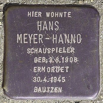 "Stolperstein" für Hans Meyer-Hanno; Urheber: Wikimedia-User Axel Mauruszat (Berlin); Lizenz: Weiterverbreitung, Bearbeitung und kommerzielle Nutzung sind gestattet.