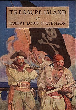 Buchcover "Treasure Island" aus dem Jahre 1911 (Verlag "Charles Scribner's Sons"), illustriert von dem berühmten US-amerikanischen Maler Newell Convers Wyeth (1882 – 1945); Quelle: Wikimedia Commons