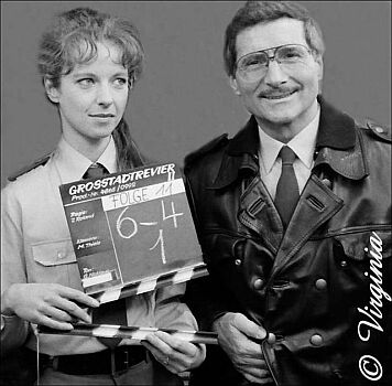 Freddy Quinn und Mareike Carrière 1986 während der Dreharbeiten zur Folge "Robin Hood" aus der populären Krimi-Serie "Großstadtrevier"; Copyright Virginia Shue