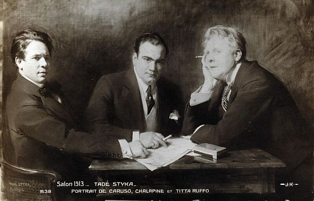Fjodor Schaljapin (r.) 1913 mit seinen ebenfalls ber�hmten Kollegen Enrico Caruso (1873�1921) und Titta Ruffo (1877�1953; links), fotografiert von Tadeusz Styka/Tad� Styka (1889�1954); Foto mit freundlicher Genehmigung der �sterreichischen Nationalbibliothek (�NB); Rechteinhaber: �NB Wien; Datierung: 1913; Bildarchiv Austria (Inventarnummer Signatur: Pf 3.591:C (1))