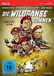 "Die Wildgnse kommen": Abbildung DVD-Cover mit freundlicher Genehmigung von "Pidax Film", welche den Action-Film als Remastered Edition Anfang April 2019 auf DVD herausbrachte.