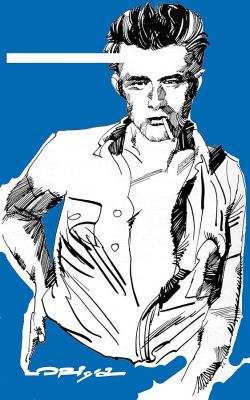 James Dean, portraitiert 1975 von dem italienischen Künstler Graziano Origa (1952–2023); Quelle: Wikimedia Commons von der "Origafoundation"; Lizenz: CC BY-SA 3.0 Deed