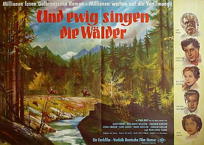 Filmplakat zu "Und ewig singen die Wlder"; Urheber Helmuth Ellgaard; Lizenz CC BY-SA 3.0, autorisiert durch Nutzungsrechte-Inhaber bzw. Sohn Holger Ellgaard; Quelle: Wikimedia Commons