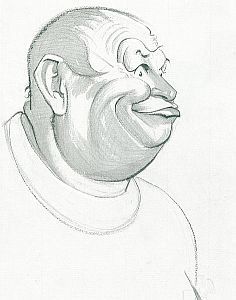 Gert Frbe in einer Karikatur(1976) von Hans Pfannmller (19161989); Quelle: Nachlass des Urhebers  bzw. Wikimedia Commons; Genehmigung/Rechteinhaber: Erbberechtigte Tochter des Urhebers Frau Sanderein Adler Lizenz: CC-BY-SA 3.0