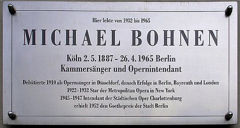 Gedenktafel fr Michael Bohnen in Berlin, Kurfrstendamm 50; Quelle:Wikimedia Commons; Lizenz CC-BY-3.0; Urheber des Fotos: Wikimedia-User OTFW, Berlin