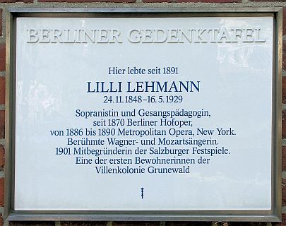 Berliner Gedenktafel f�r Lilli Lehmann in der Herbertstra�e 20 (Berlin-Grunewald); Urheber des Fotos: OTFW, Berlin; Lizenz; CC BY-SA 3.0 